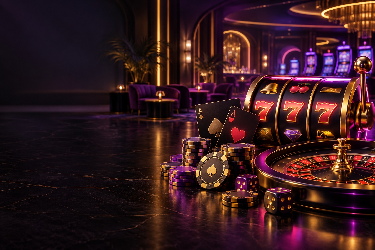 Casino lounge with slot reels, cards, chips and violet lighting