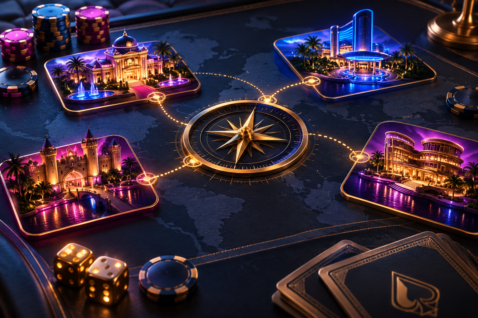 Casino route cards and chips in a violet and gold scene